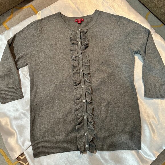 Merona Heather Grey ¾ Sleeve Cardigan w/Front Ruffle and Gem Buttons, Size XL - Picture 6 of 14